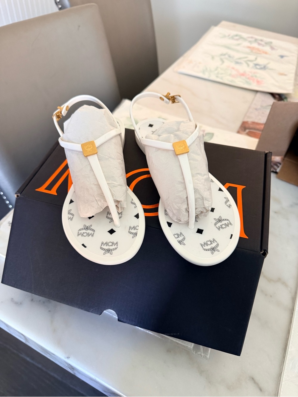 MCM New White Logo T-Strap Sandals with Gold Accent